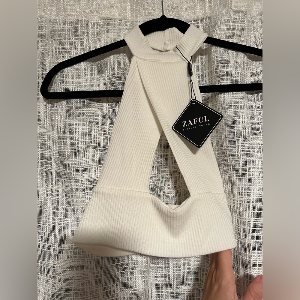 Halter Rib-knit Cutout Backless Crop Bandage Top - White M - Picture 7 of 9